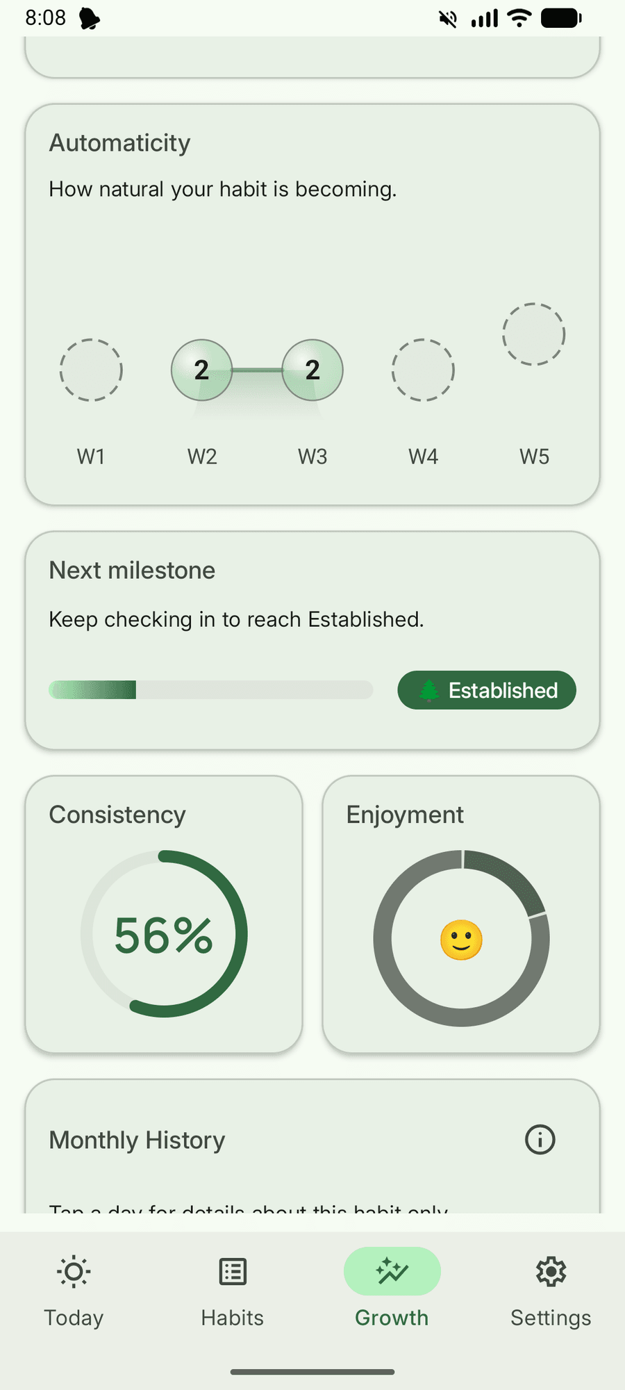 Habit Arc Growth screen with milestone and monthly history view