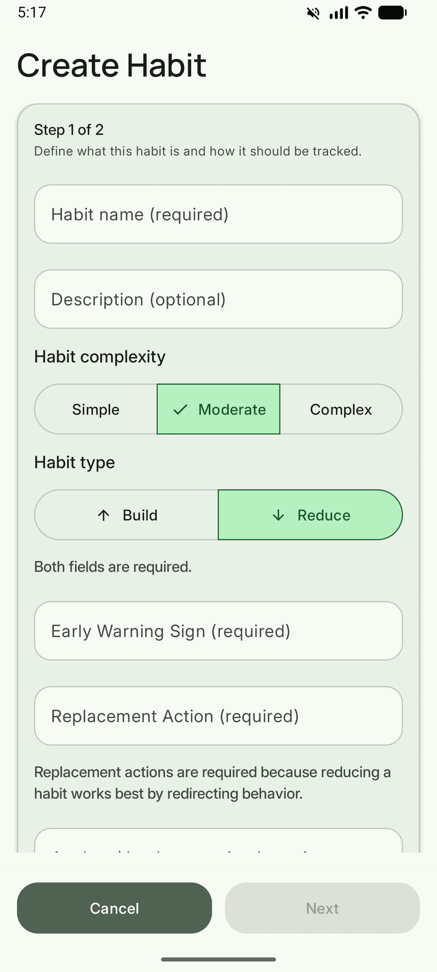 Habit Arc Reduce setup with Early Warning Sign and Replacement Action