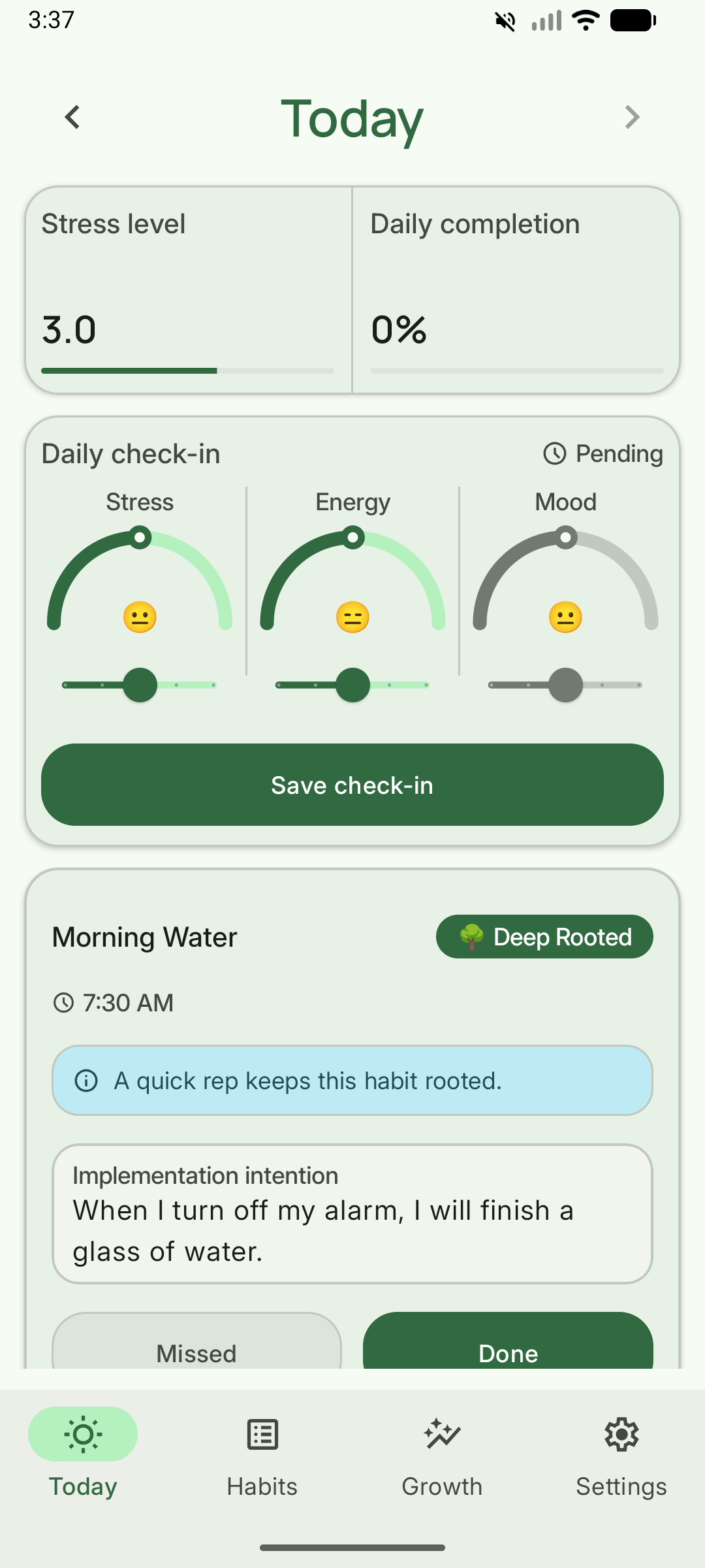Habit Arc Today screen with Daily check-in and Morning Water habit